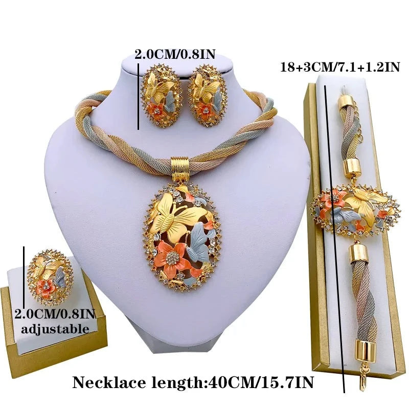 African Necklace Dubai Gold Plated Jewelry Set for Women Wedding Bridal Travel Party Bracelet Earrings Ring Pendant Accessories